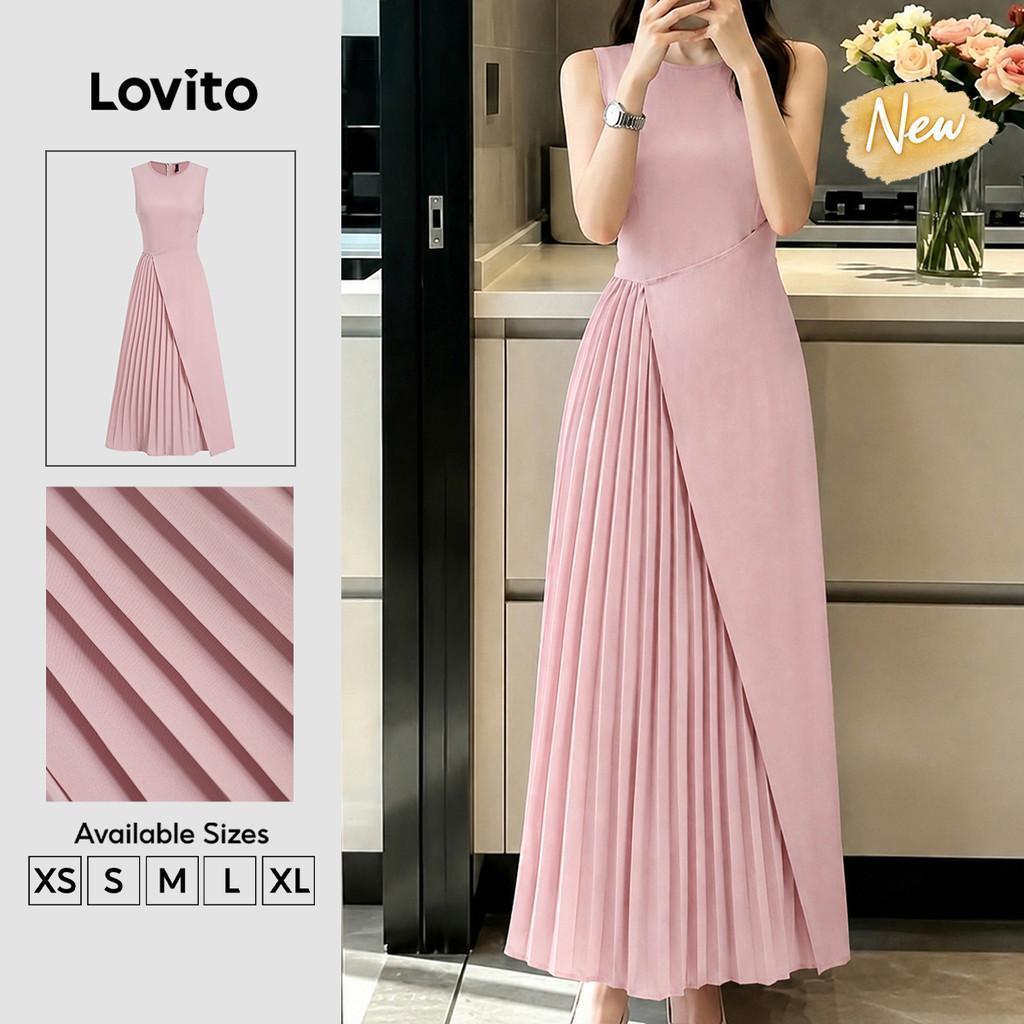 (New Arrival) Lovito Women Elegant Dress Pleated Spring/summer Pink Dress DRK8P1D819