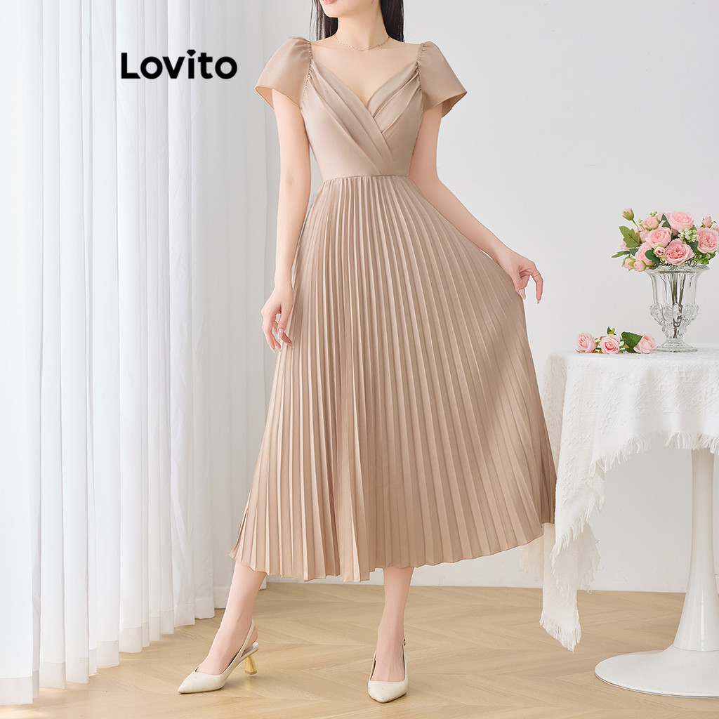 Lovito Women Elegant Dress Korean Delicate Plain Pleated Summer Dress L120LD1380