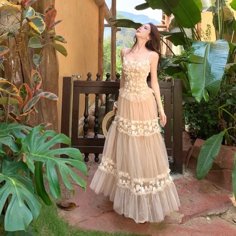 French heavy lace jacquard mesh casual vacation maxi dress