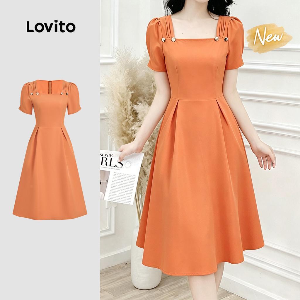 (New Arrival) Lovito Women Elegant Dress Pintucks Button Ruffle Hem Spring/summer Burnt Orange Dress