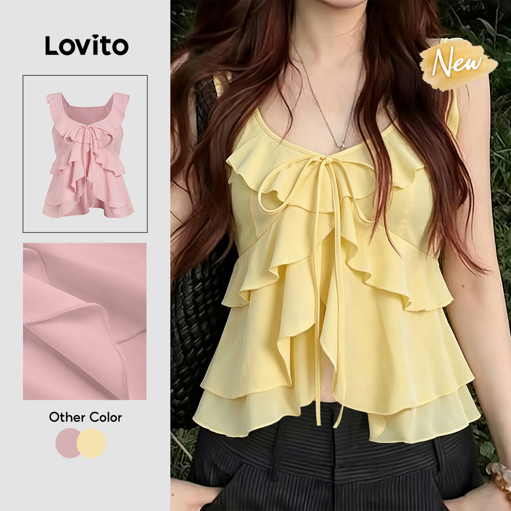 (New Arrival) Lovito Women Casual Top Tiered Layer Spring/summer Light Yellow Top TKK8P1D621