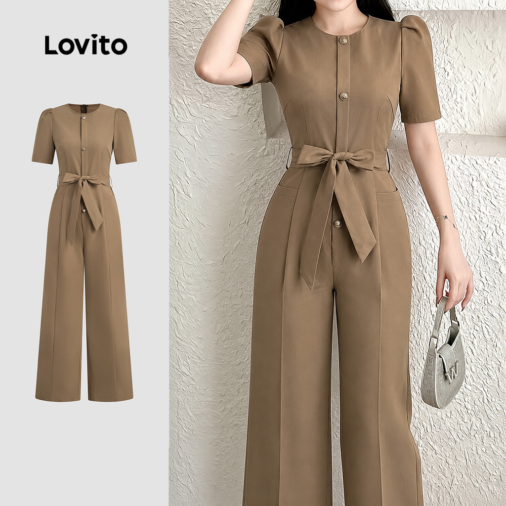 (New Arrival) Lovito Women Casual Jumpsuit Button Belted Structure Line Spring/summer Khaki Jumpsuit