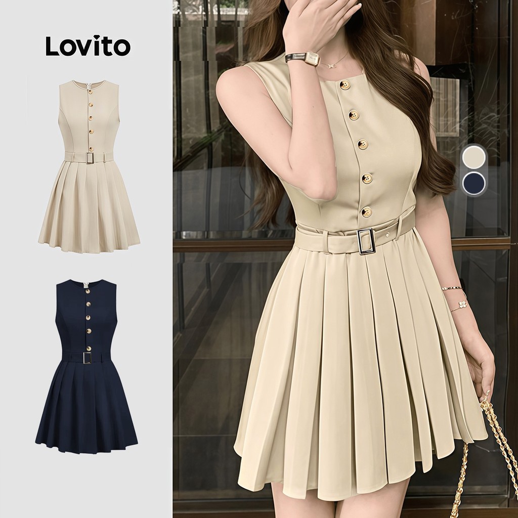 Lovito Women Casual Dress Korean Pleated Button Structure Line Spring/summer Khaki Dress LK3ED921