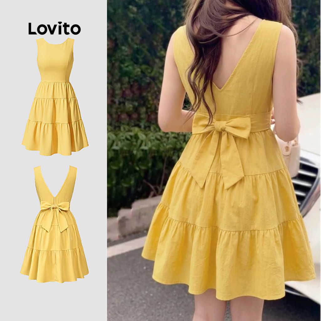 Lovito Women Casual Dress Bow Spring/summer Yellow Dress LK3ED616
