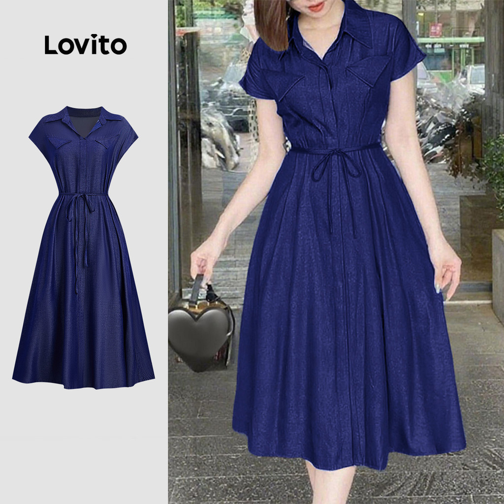 Lovito Women Casual Dress Korean Belted Fake Pocket Spring/summer Blue Dress LBL33011