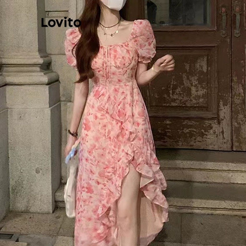 Lovito Women Vacation Dress Summer Ditsy Floral Ruffle Square Neck Puff Sleeve Dress LNE17146 (Multi