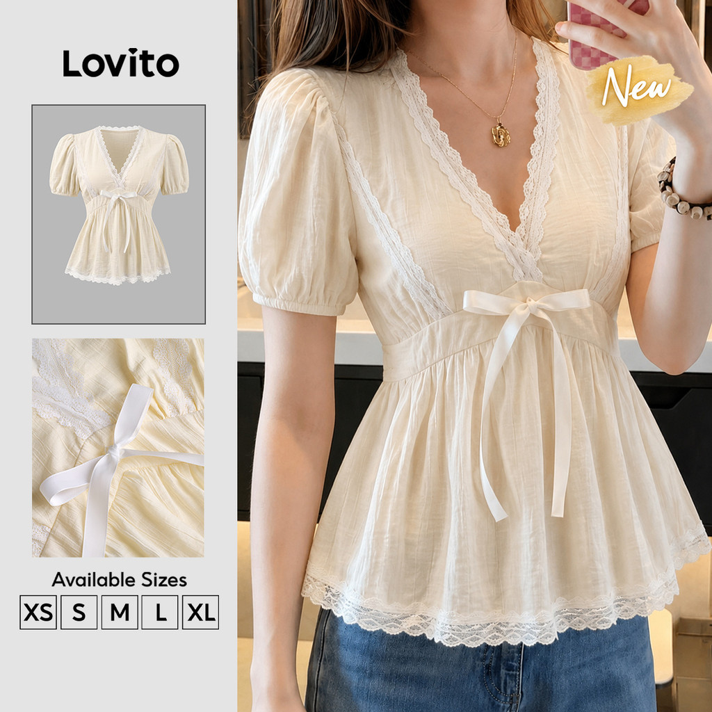 (New Arrival) Lovito Women Elegant Blouse Lace Tie Front Texture Spring/summer Off White Blouse BLK9