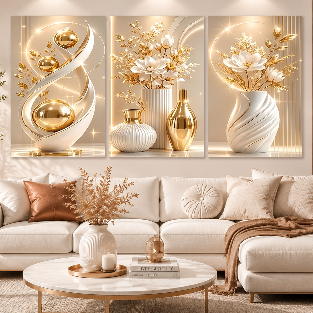 3PCS Luxury Modern Wall Art Golden Geometric Vase Floral Home Decor Living Room Bedroom