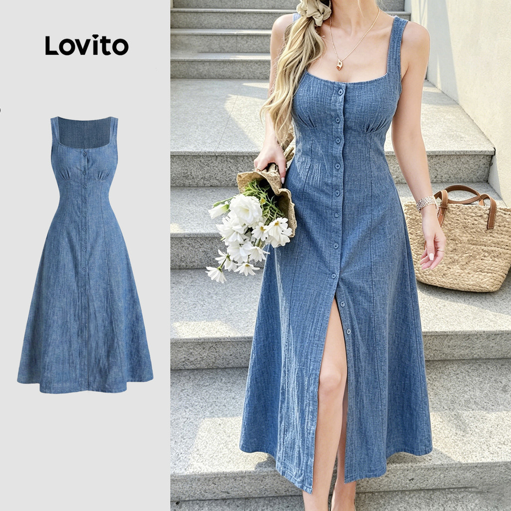 (New Arrival) Lovito Women Elegant Spring/Summer Blue Dress LK7ED1409
