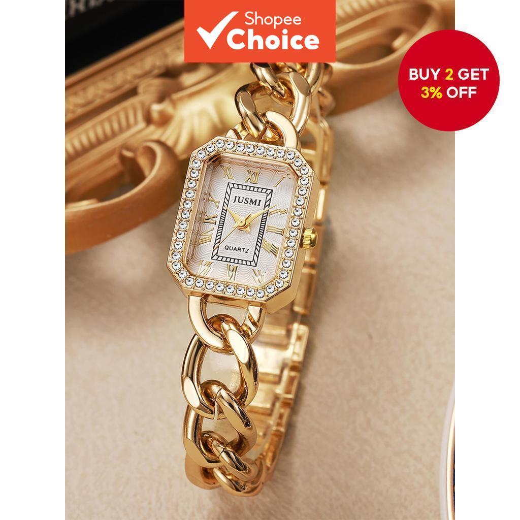 Women Vintage Square Quartz Watch Gold Chain Bracelet CZ Crystal Dress Wristwatch For Women Gift