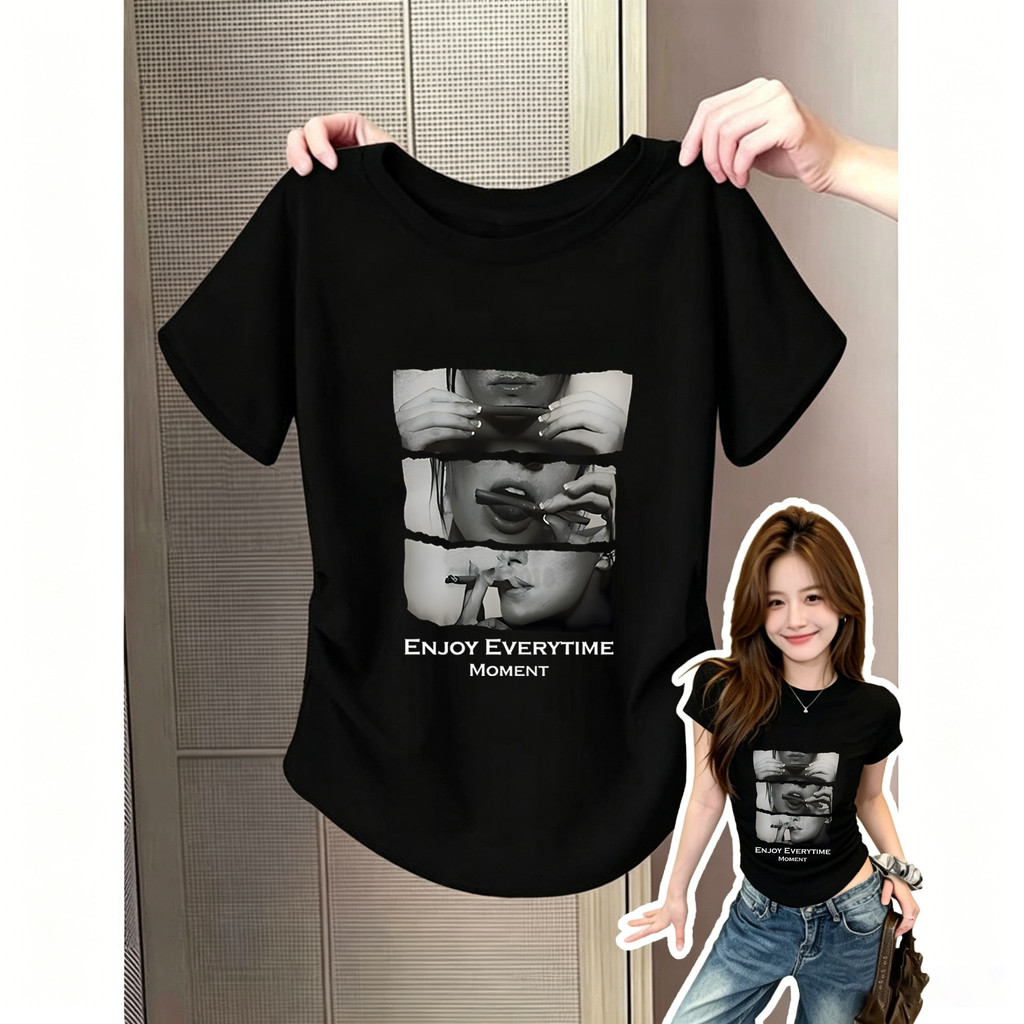 MODE TRENDI [COD] Kaos Hitam Gaya Hip Hop Amerika Bahu Lurus Motif Gadis Katun Crop Slim Wanita 2026