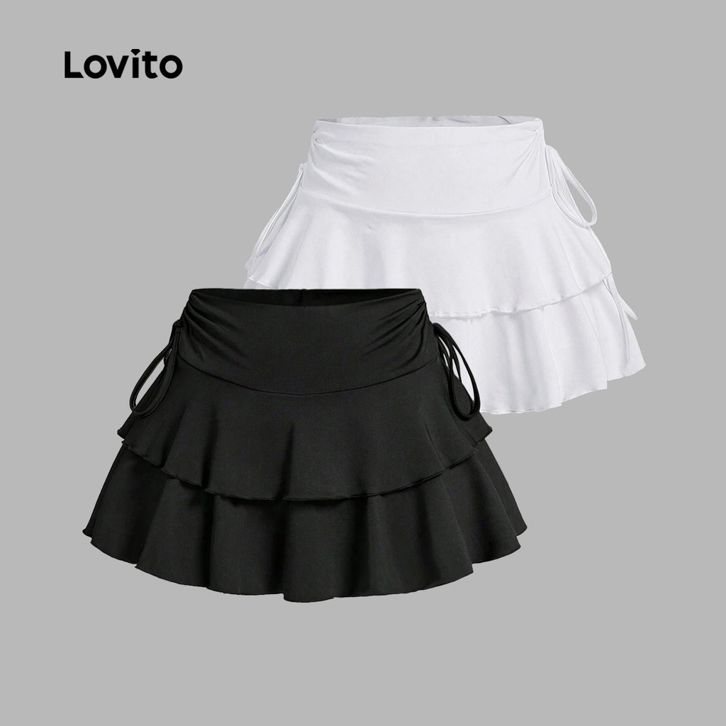 Lovito Women Casual Skirt Korean Plain Lace Up Ruffle Hem Tiered Layer Ruffle Summer/Spring Skirt L1