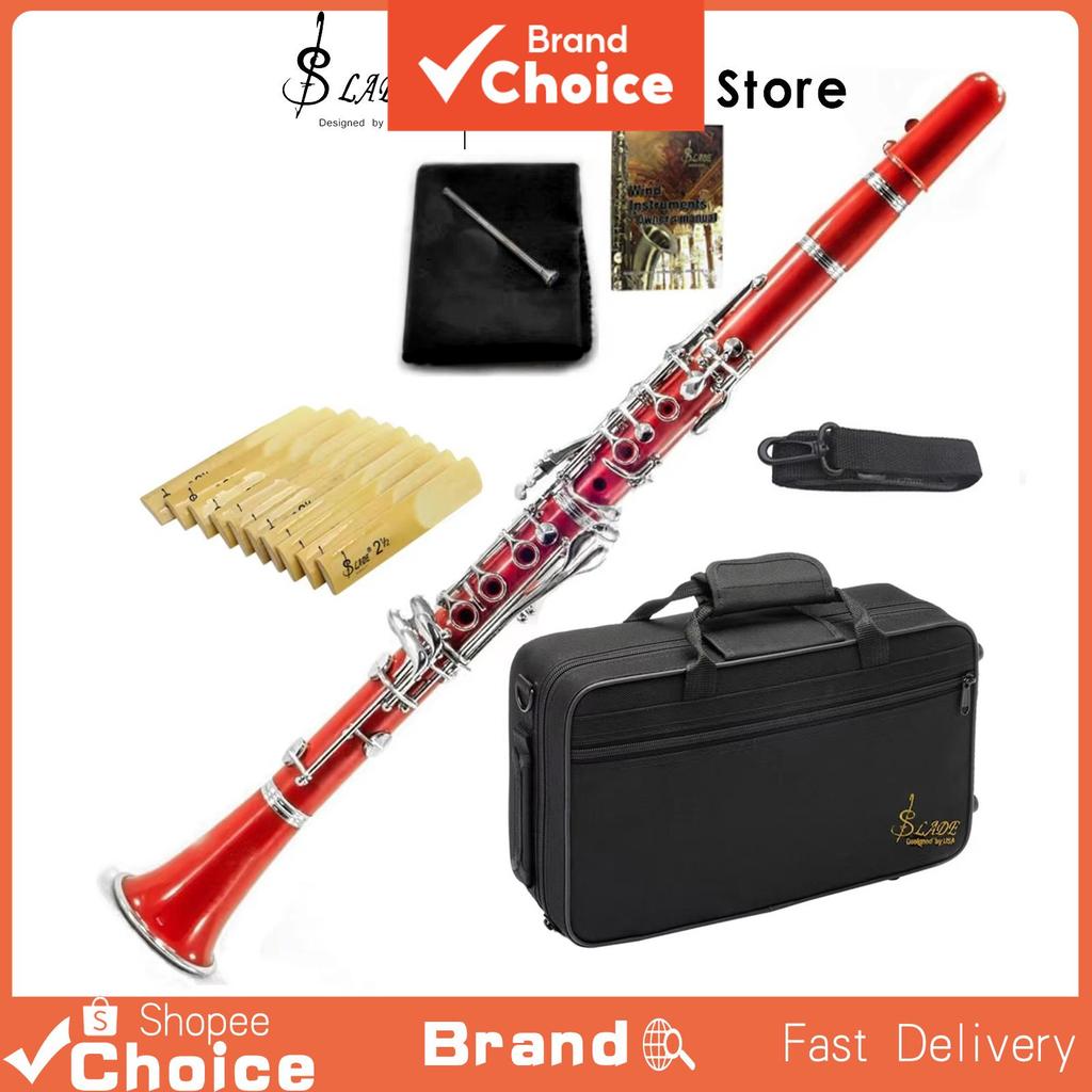SLADE Bb Clarinet 17 Nickel Key Red Clarinet For Beginners With 2 Barrels Hard Shell Case Cleaning K