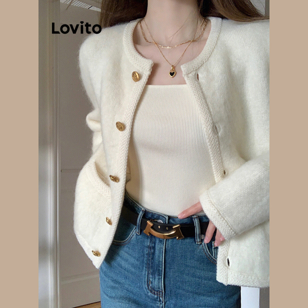 Lovito Women Elegant Plain Pocket Button Front Korean Cardigans LNA30039