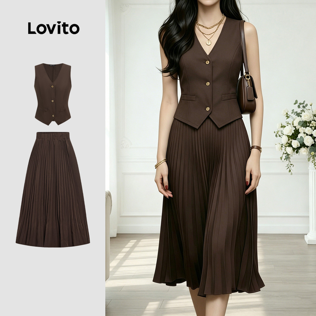 Lovito Women Elegant Tops or Bottoms Korean Pleated Spring/summer Brown Tops or Bottoms LK3ED1503