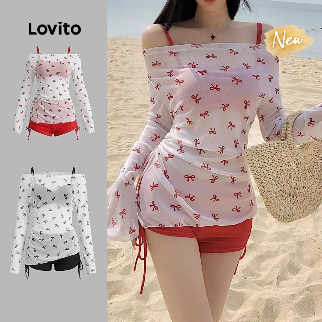 (New Arrival) Lovito Women Boho Bikini Sets Pack of 3 Combined Ruched Spring/summer Red Bikini Sets