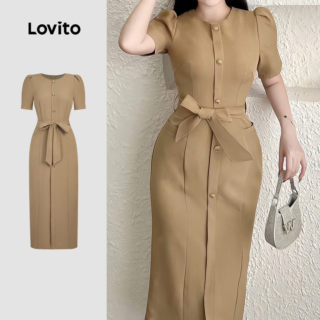 Lovito Women Formal Elegant Dress Korean Button Front Belted Spring/summer Khaki Dress L34LD056