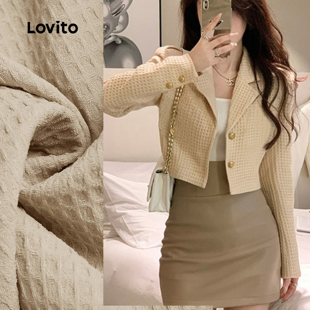 Lovito Women Elegant Blazer Korean Button Texture Commute Autumn/winter Light Khaki Blazer L173AD211