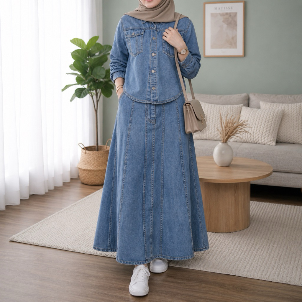 Strala Set Jeans premium One Set Kemeja Dan Rok Wanita Jumbo Ld 110 120 130 Terbaru