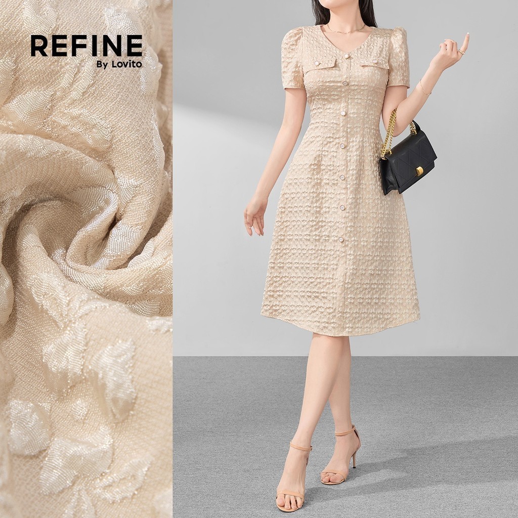 (Refine by Lovito) Women Elegant Ditsy Floral Button Zipper Khaki Office Dress LR11ED072