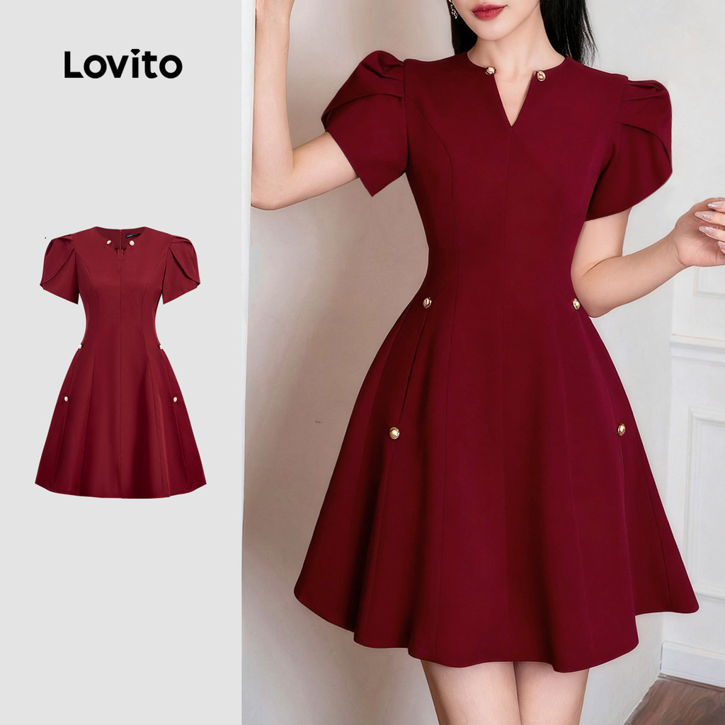 Lovito Women Elegant Dress Korean Simple Button Structure Line Spring/summer Wine Red Dress L155ED76