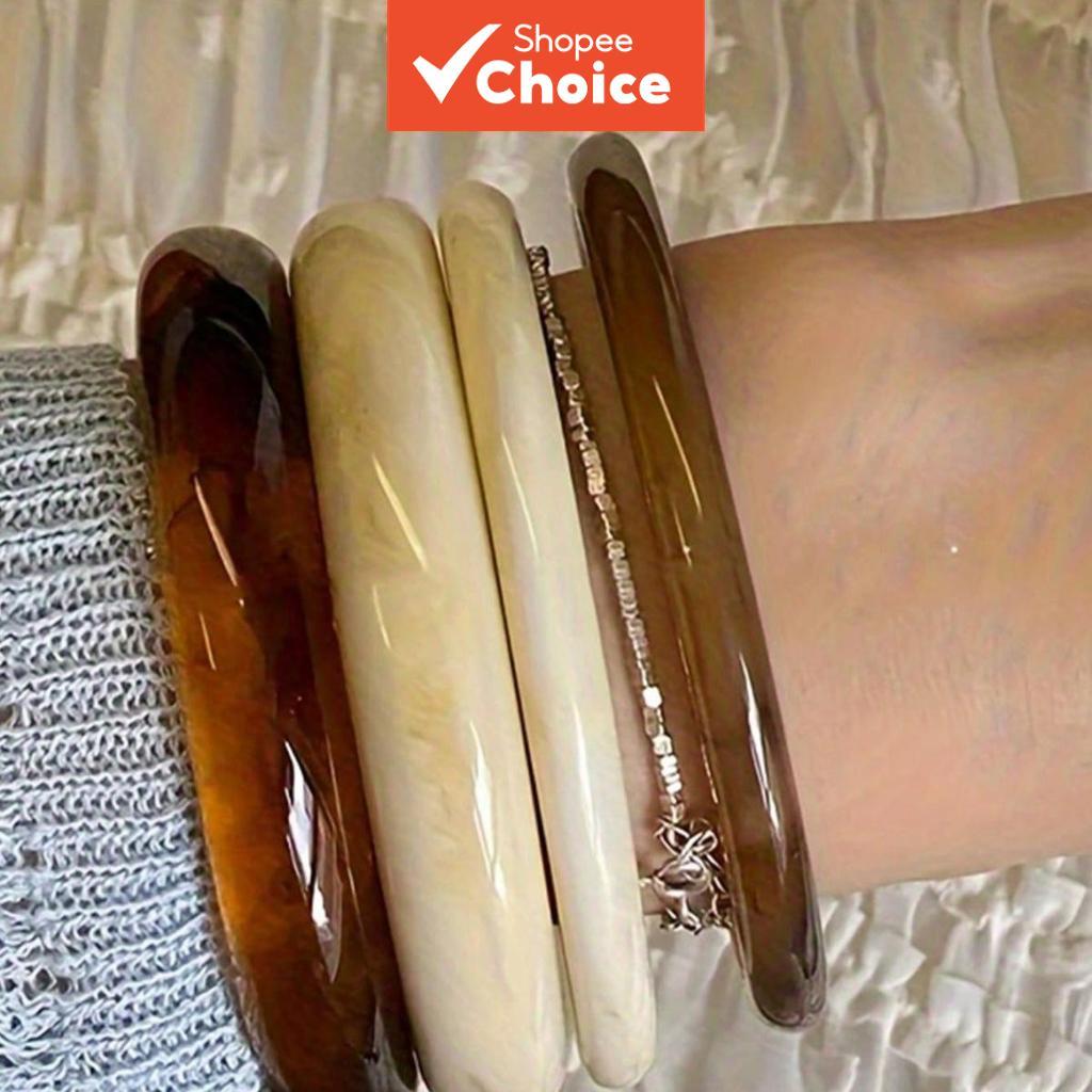 4pcs Elegant Vintage Acrylic Round Bracelets For Women, Fashionable Simple Design Suitable For Casua