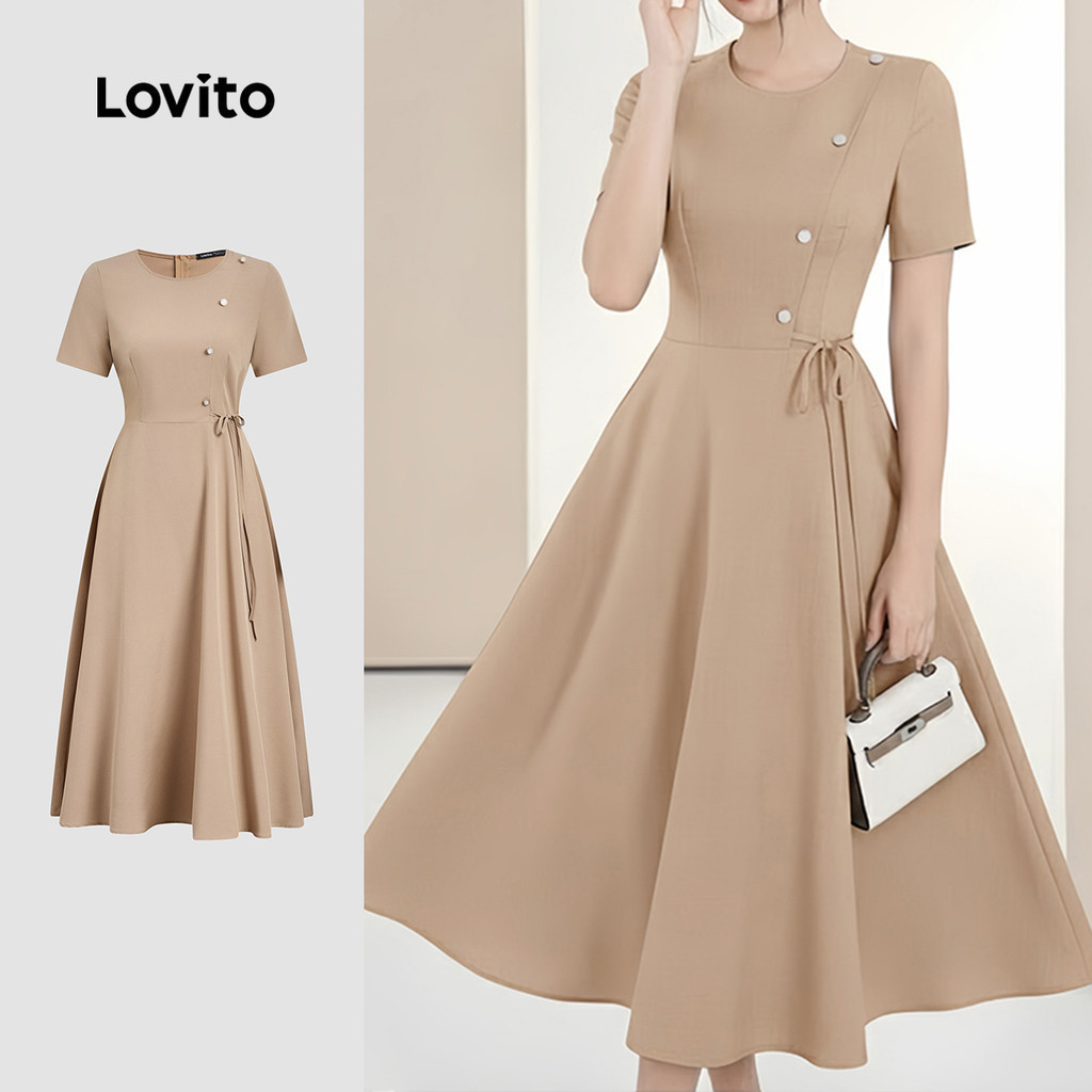 Lovito Women Elegant Dress Korean Button Front Lace Up Commute Spring/summer Khaki Dress L177ED1071