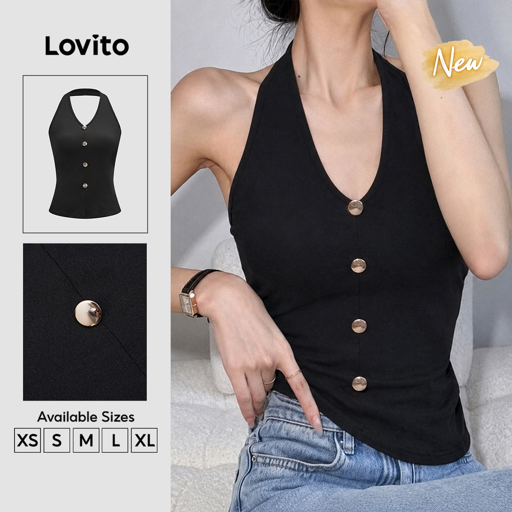 (New Arrival) Lovito Women Casual Top Leisure Commute Spring/summer Black Top TKK9P2D159