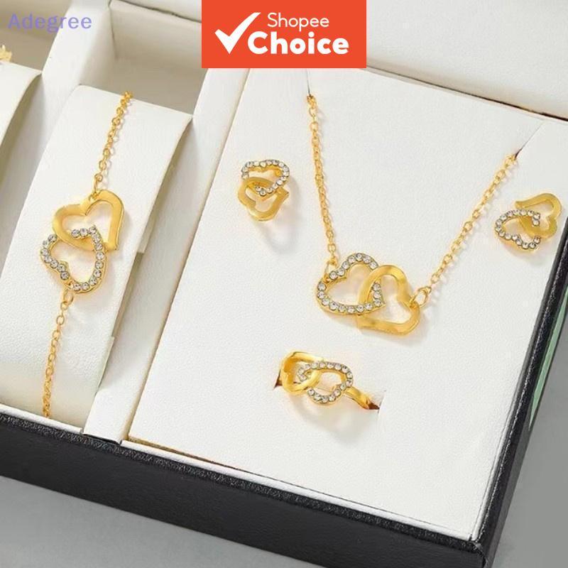 Five Piece Heart Jewelry Set Necklace Earrings Rings Women Pearl Rhinestone Accessory