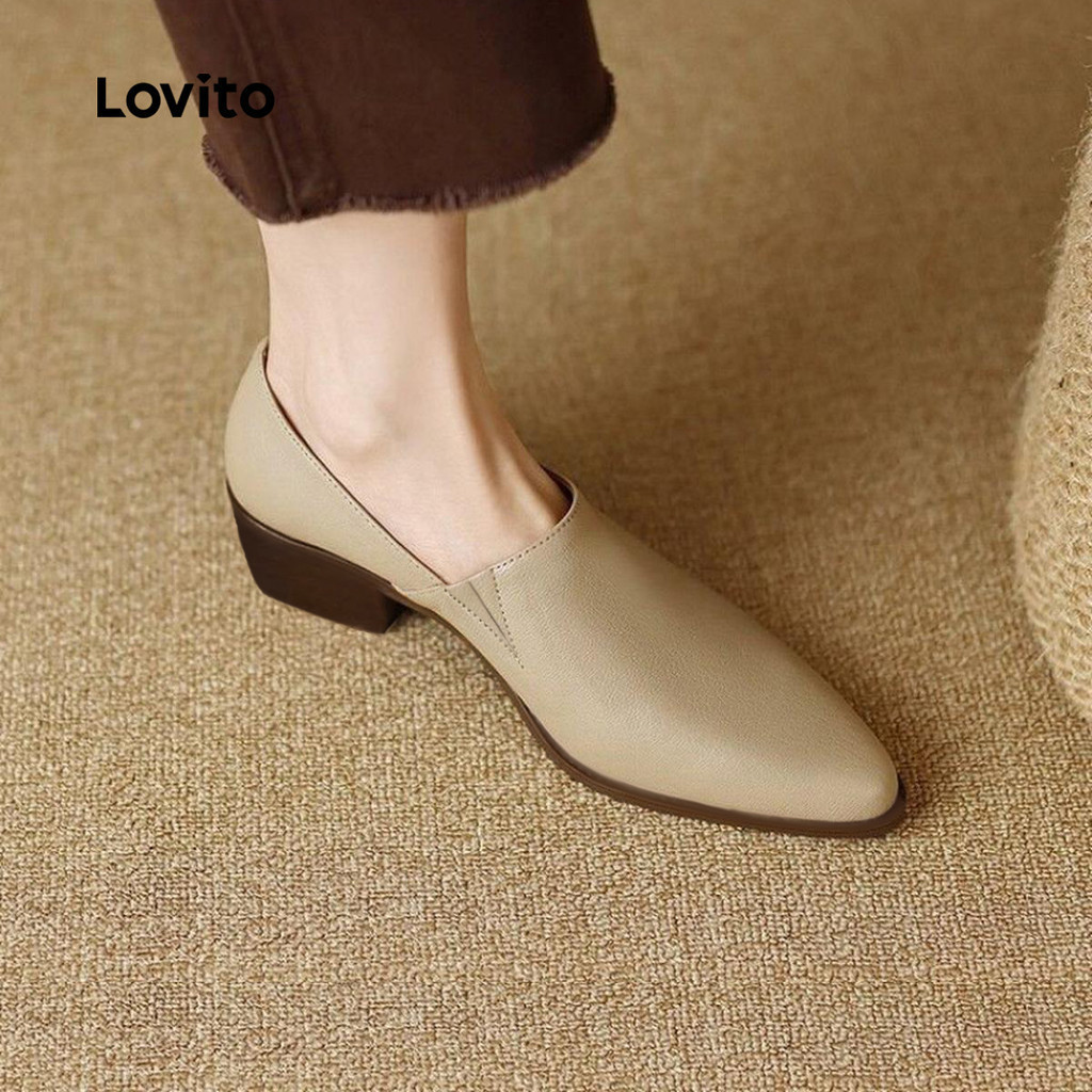 Lovito Women Elegant Boat Shoes Korean Plain Simple Temperament Pointed Spring and Summer Soft Leath