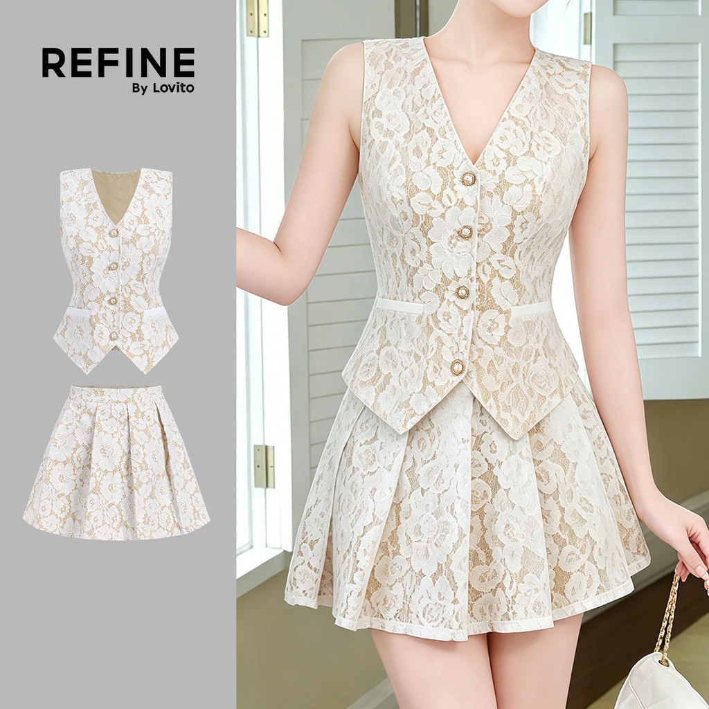 (New Arrival) (Refine by Lovito) Women Elegant Tops or Bottoms Office Button Lace Fake Pocket Spring