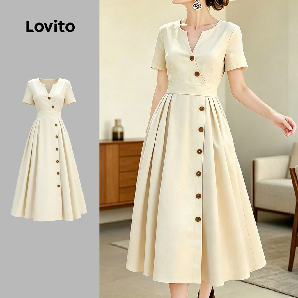 Lovito Women Elegant Dress Button Asymmetrical Pleated Spring/summer Apricot Dress LK6ED834