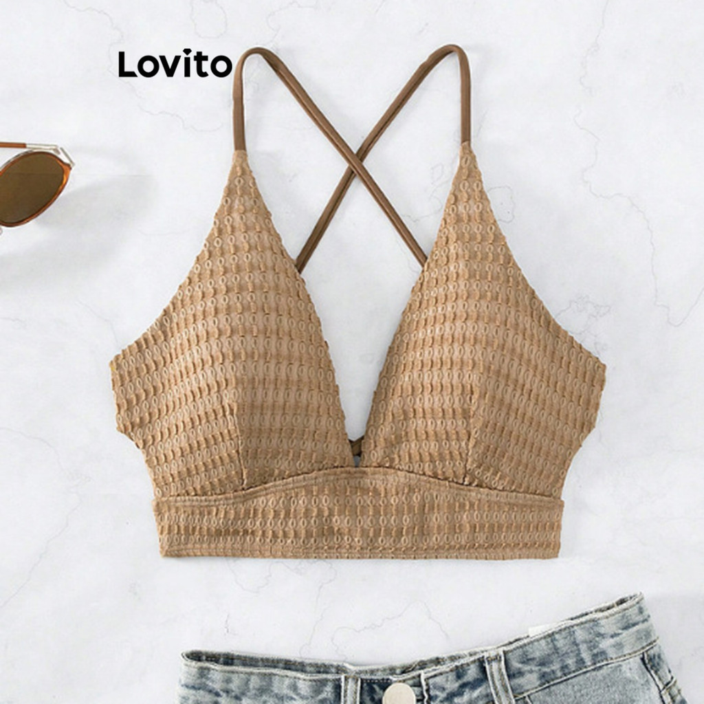Lovito Women Vacation Bikini Top Plain Criss Cross Texture Fabric Bikini Top LNL42167