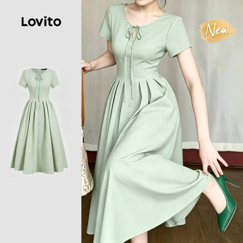 (New Arrival) Lovito Women Elegant Dress Work Structure Line Lace Up Plicated Spring/summer Green Dr