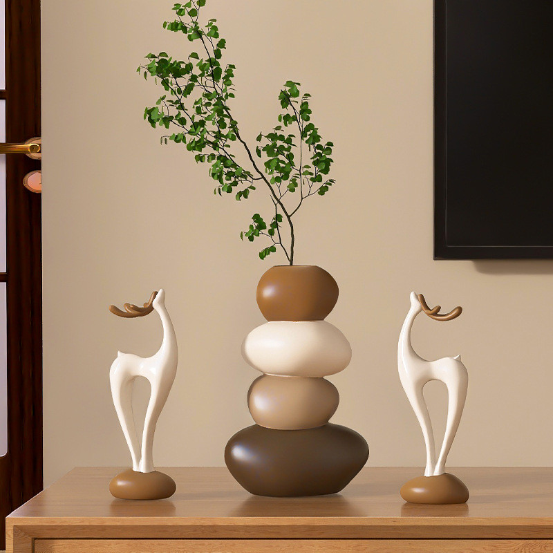 Resin Stone Vase Set With Deer Figurine Home Display Aesthetic Home Decor Minimalist Decor Room Deco