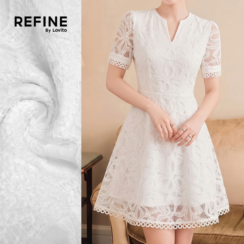 (Refine by Lovito) Women Casual Dress Office Fabric Stitching Hollow Spring/summer White Dress LR35E