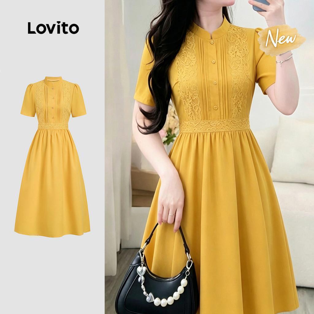 (New Arrival) Lovito Women Casual Dress Lace Pleated Zipper Spring/summer Yellow Dress DRBR37BR190