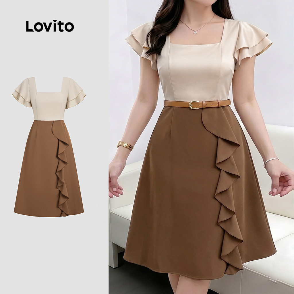 Lovito Women Elegant Dress Ruffle Fake 2in1 Zipper Spring/summer Dress LK6ED162
