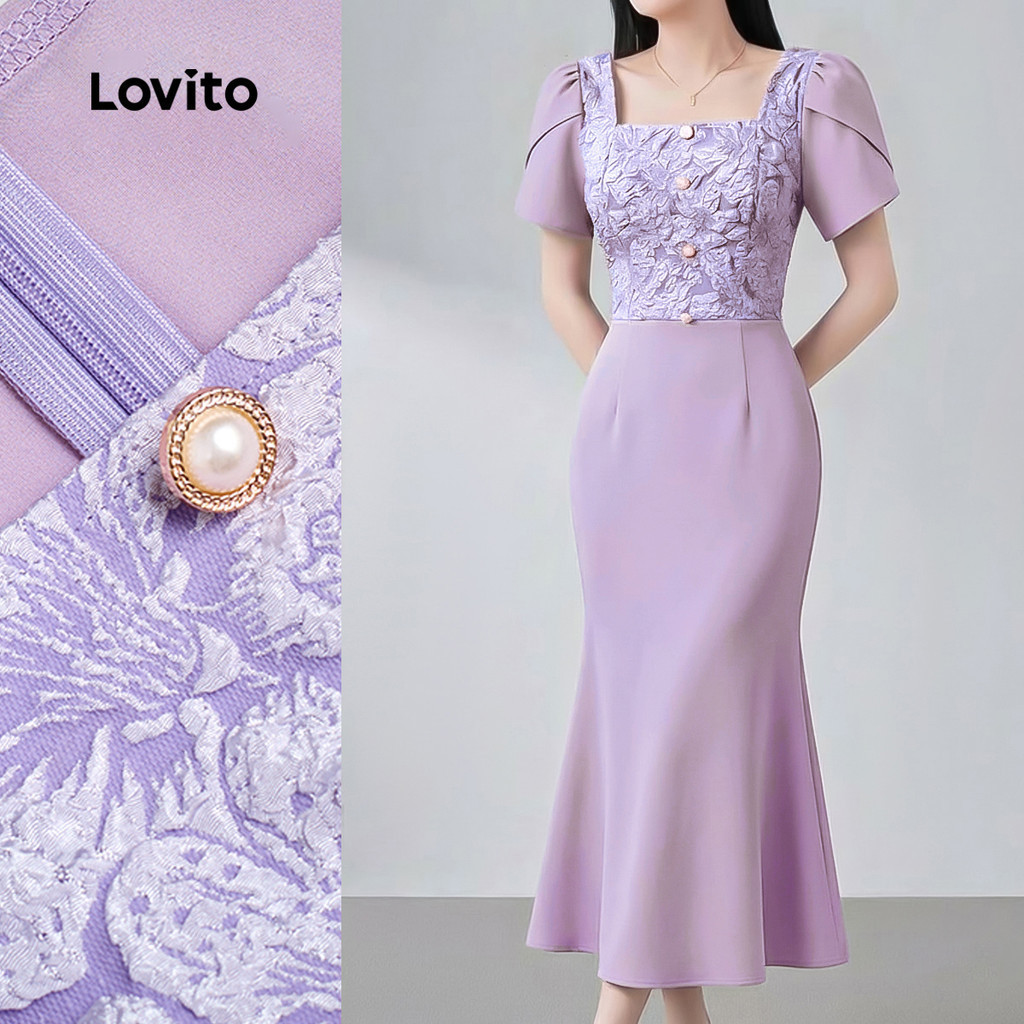 Lovito Women Casual Jacquard Short Korean Petal Sleeve Square Neck Plicated Mermaid Hem Midi Spring/
