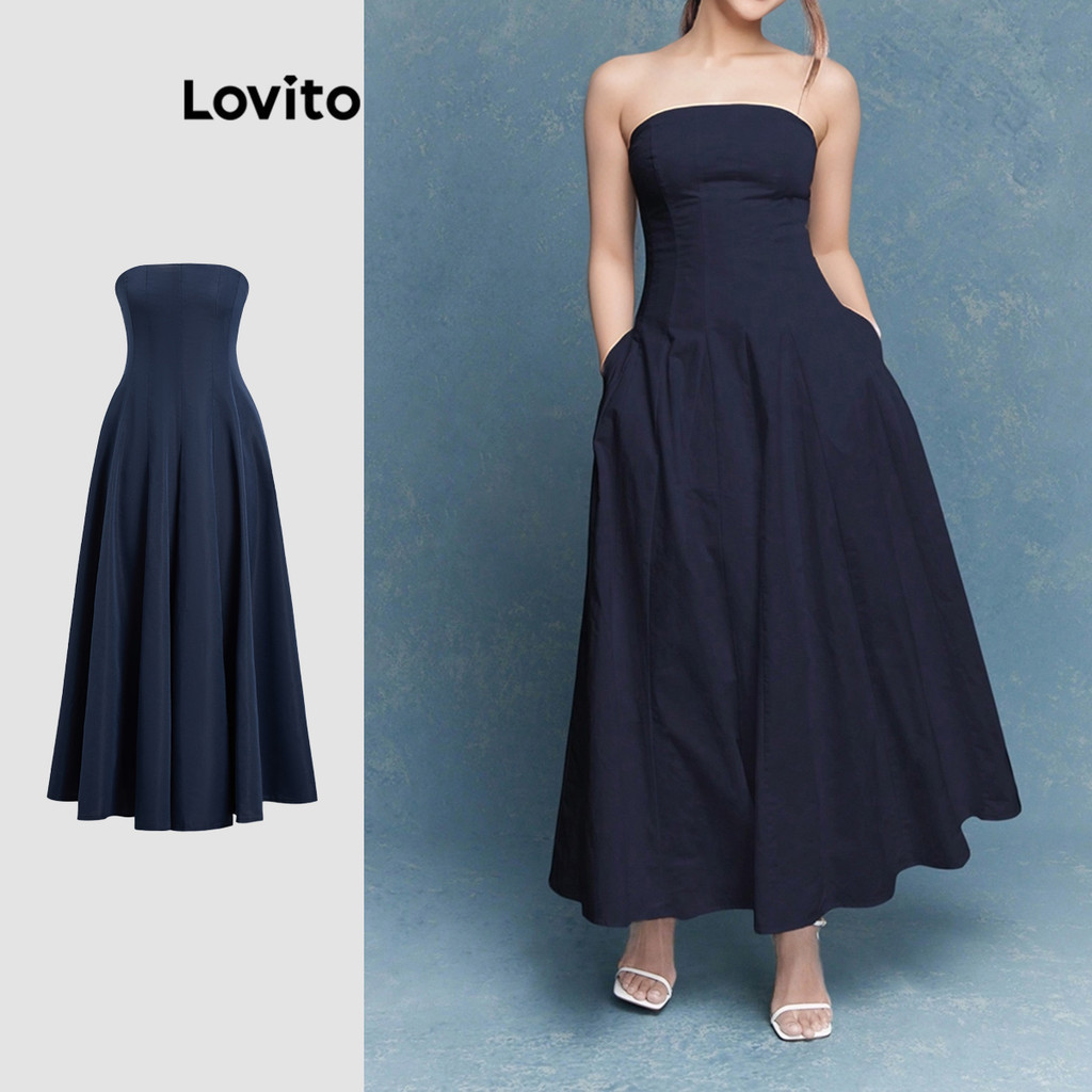 Lovito Women Formal Elegant Dress Korean Plain Structure Line Summer Dress L112ED482