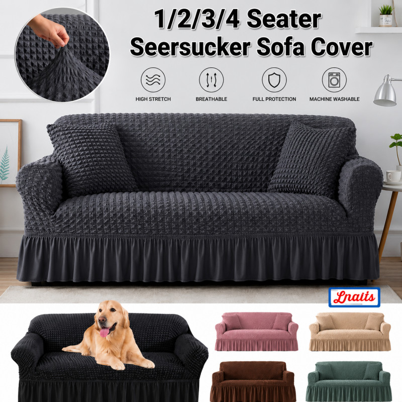 1/2/3/4 Seater Seersucker Skirt Sofa Protector Removable Slipcover Stretchable Sofa Cover