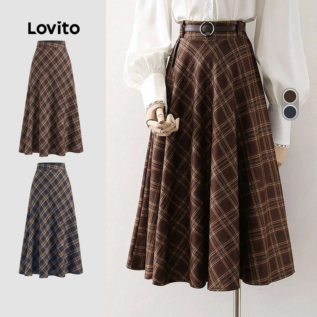 Lovito Women Casual Plaid Fabric Stitching Korean Skirt LBL22556