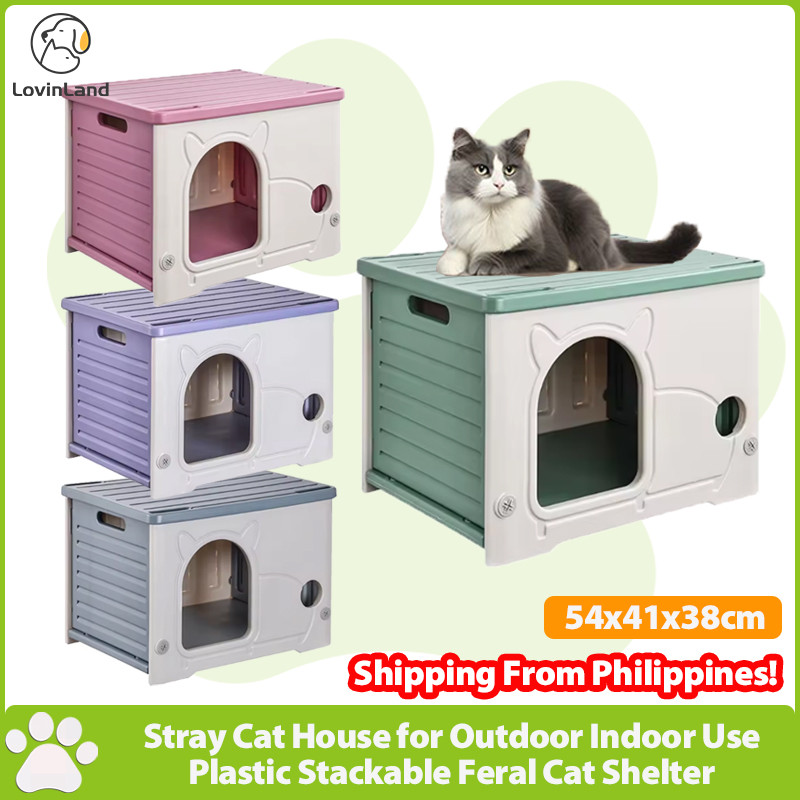 Lovinland Stray Cat House Plastic Stackable Feral Cat Shelter Indoor Cat House Insulated Weatherproo