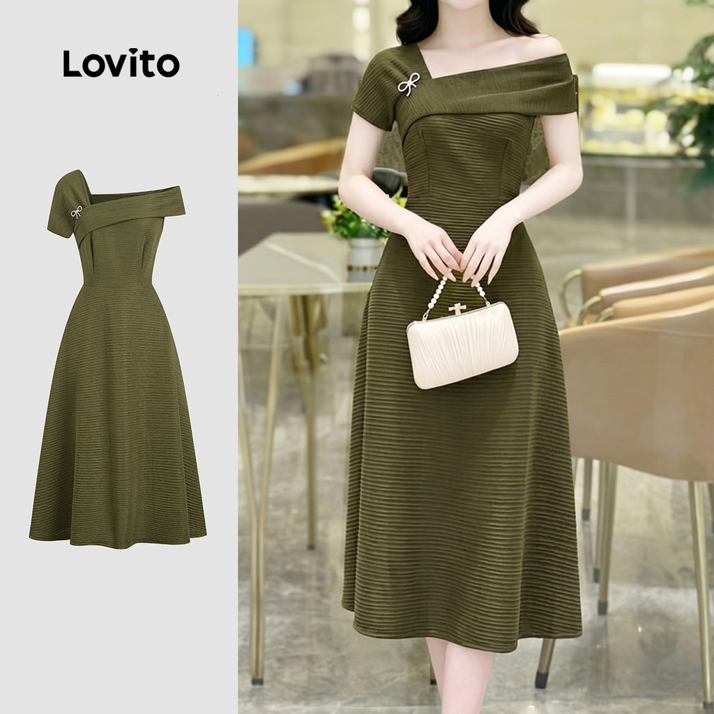 Lovito Women Formal Elegant Dress Rhinestone Buckle Asymmetrical Spring/summer Olive Green Dress LK6