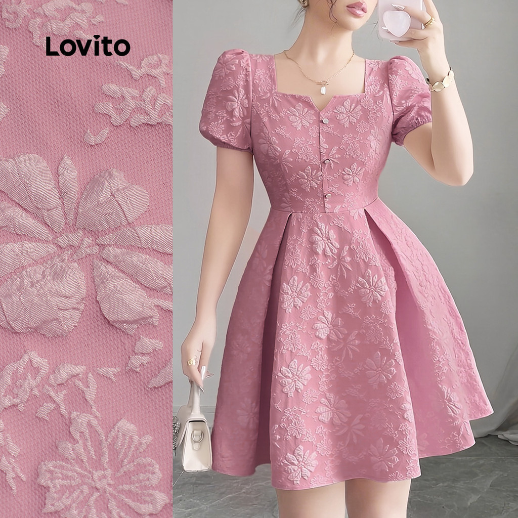 Lovito Women Elegant Dress Korean Jacquard Button Pleated Spring/summer Pink Dress L138ED340