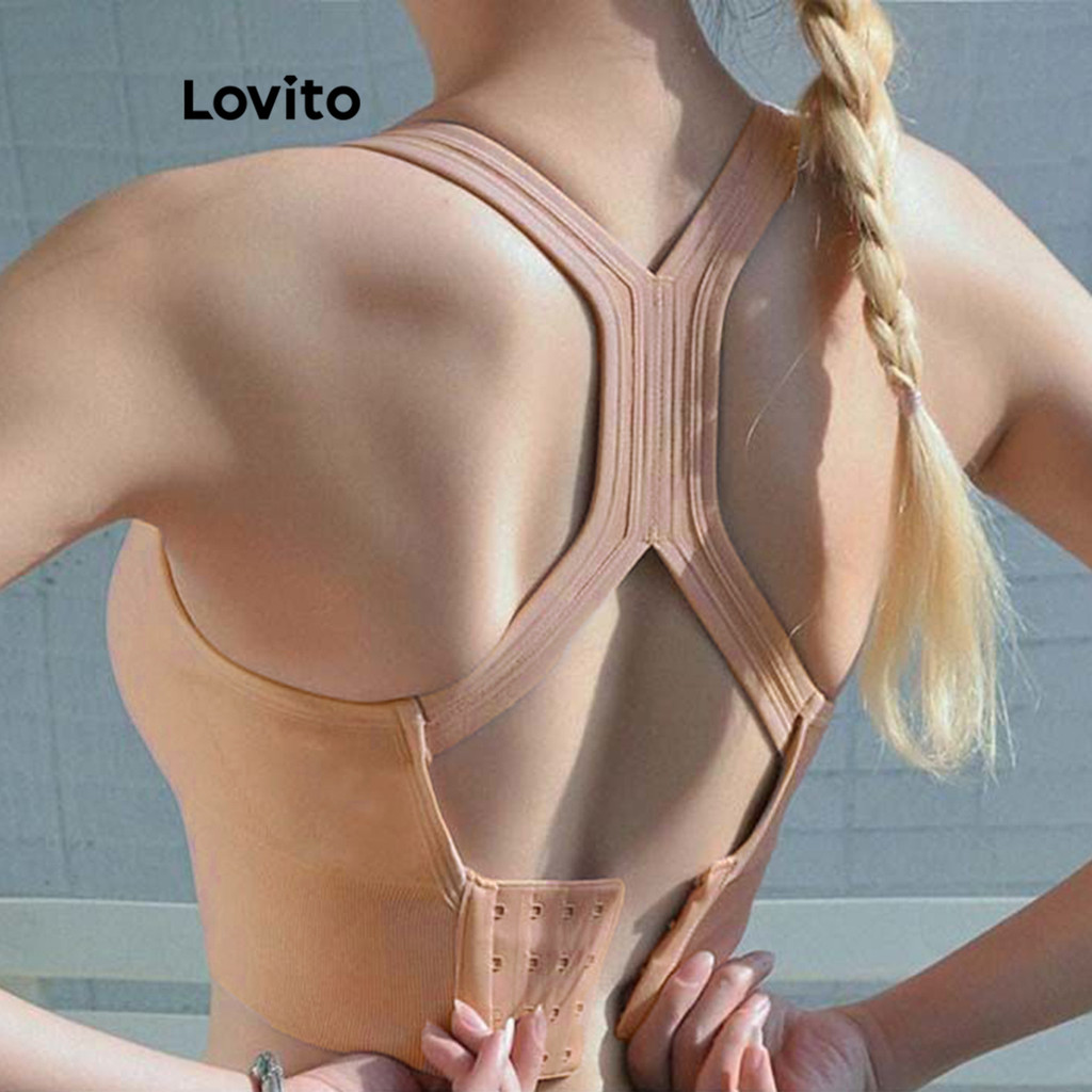 Lovito Women Casual Sporty Sports Bra Korean Plain Backless Criss Cross Sports Bras LNL47047