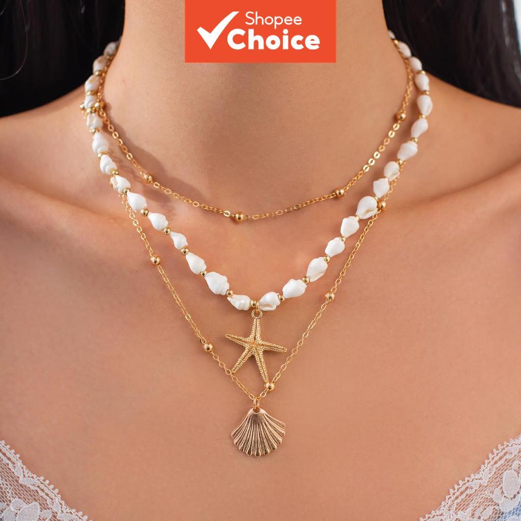 Boho Summer Shell & Starfish Layered Necklace Set 3pcs For Women Beach Vacation