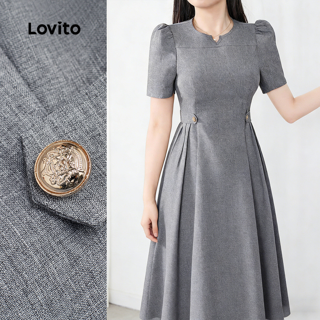 Lovito Women Elegant Dress Korean Pleated Metal Buckle Cut Out Spring/summer Grey Dress L177ED396