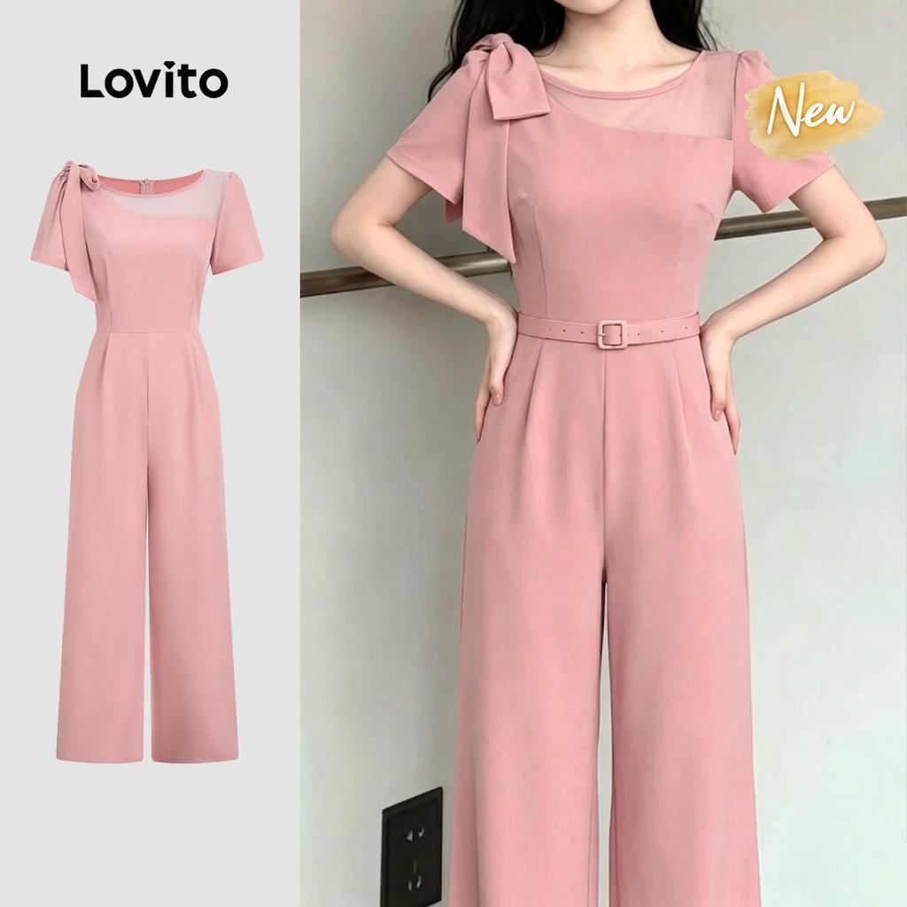 (New Arrival) Lovito Women Elegant Jumpsuit Work Fabric Stitching Structure Line Spring/summer Pink