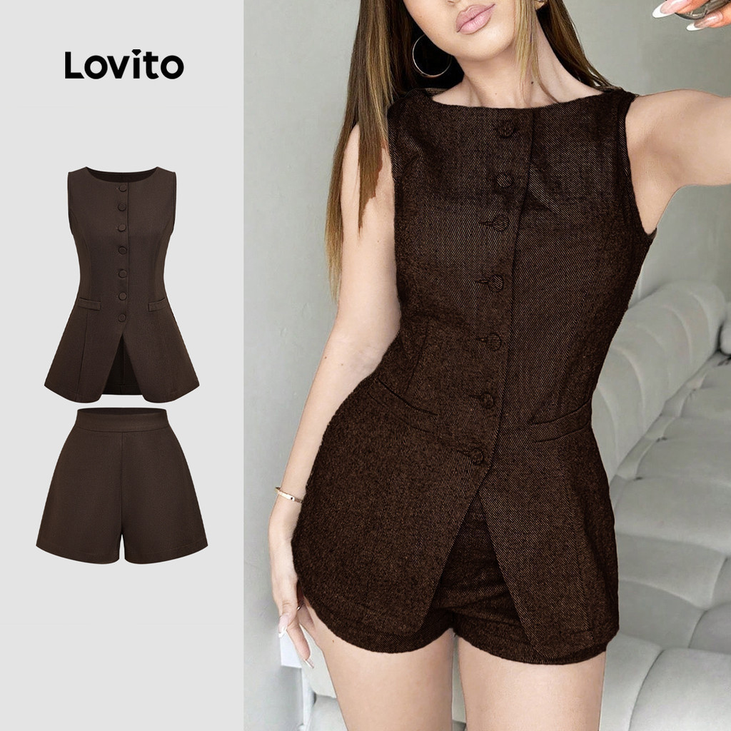 Lovito Women Elegant Shorts Sets Korean Button Front Spring/summer Brown Sets L165ED1459